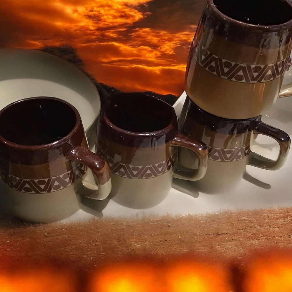 Vintage Set of 4 Stoneware Horchow Japan Mugs-Home Kitchen Dining MCM Neutral